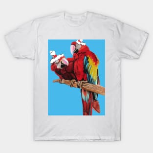 Christmas Macaw - Here Comes Santa Macaws! - on Blue T-Shirt